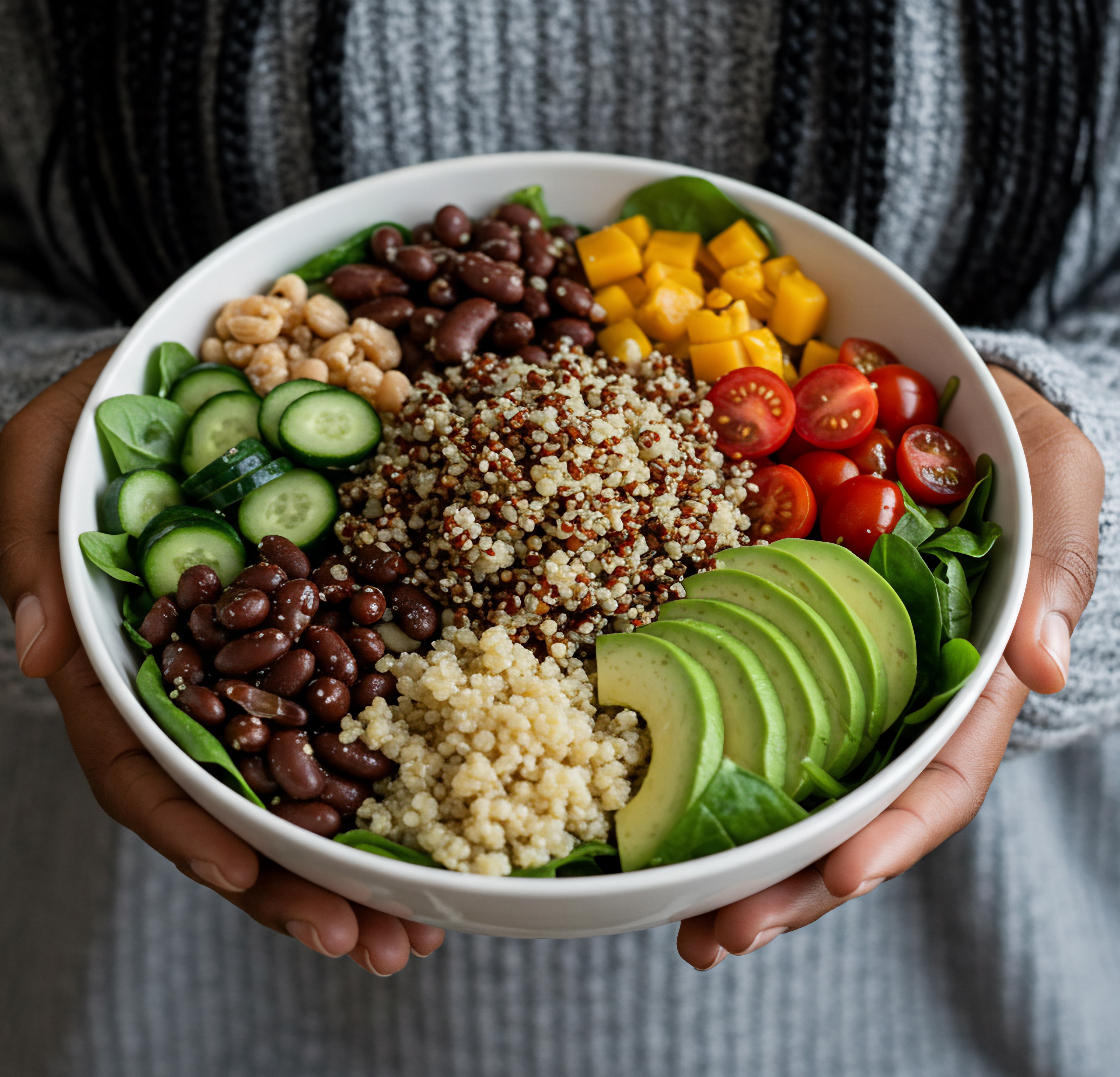 person holding a colorful bowl of vegan salad