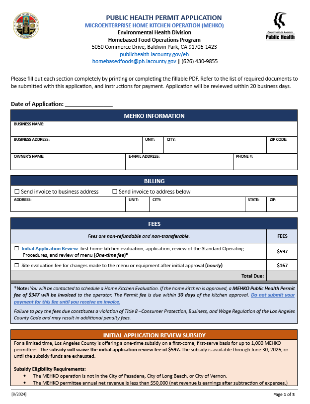 Public Health Permit Application for MEHKO