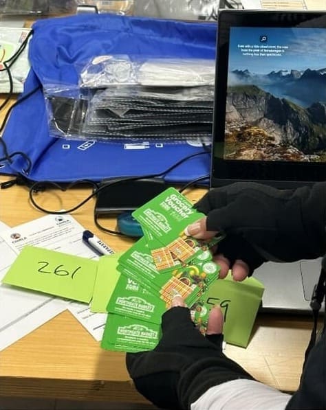 Community members receiving grocery vouchers