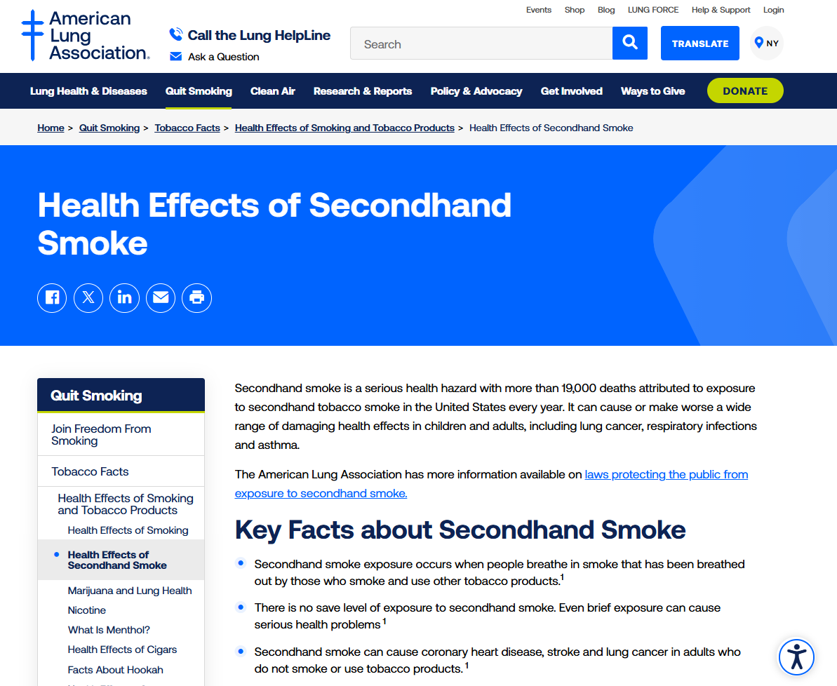 American Lung Association: Effects of Secondhand Smoke